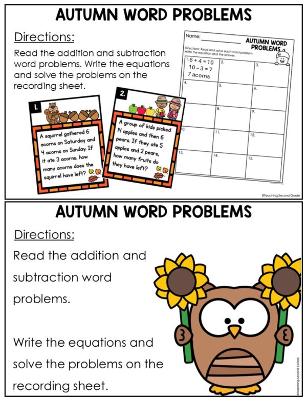 Thanksgiving Word Problems Fluency Center Worksheet 2nd Game Fall Add ...