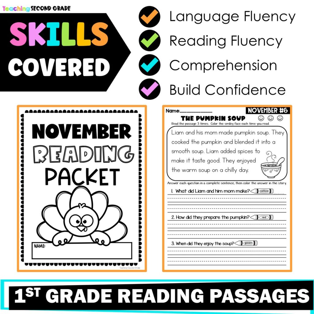 November Reading Passages 1st Grade with Comprehension Questions and ...