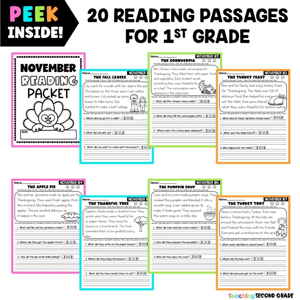 November Reading Passages 1st Grade with Comprehension Questions and ...