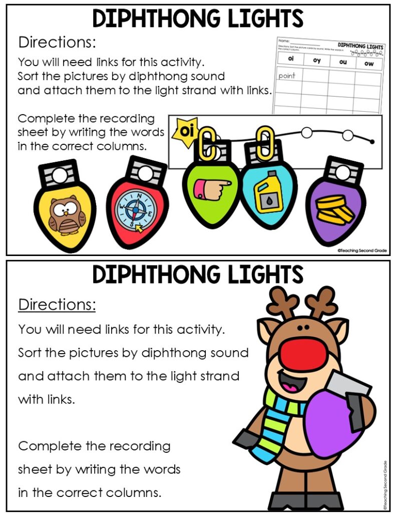 Christmas Diphthong Phonics Center with Picture Cards | Vowel Dipthongs ...