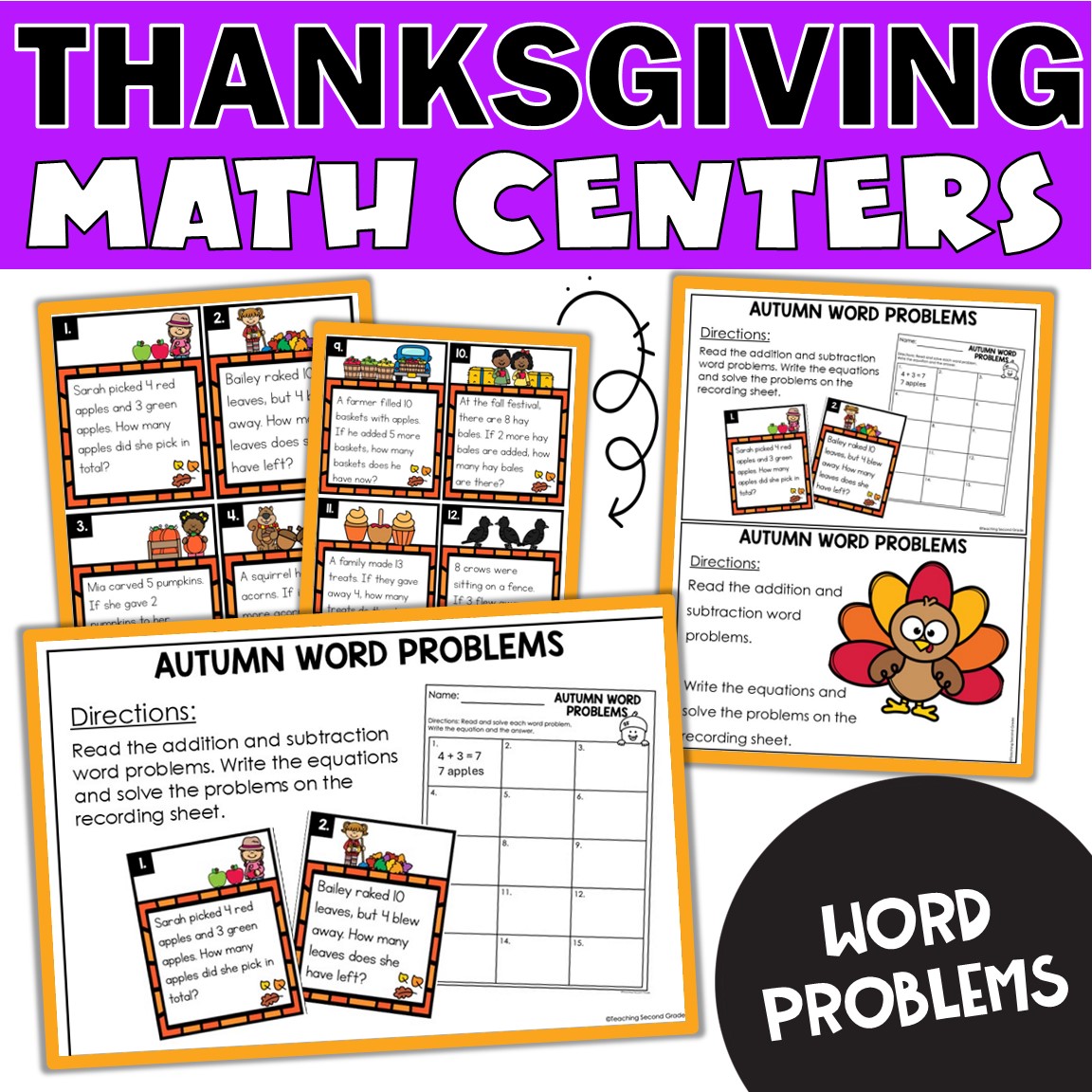 Thanksgiving Word Problems Math Center for 1st and 2nd Grade Add and ...