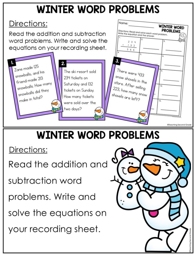 Winter 3-Digit Addition and Subtraction Word Problems Center - Teaching ...