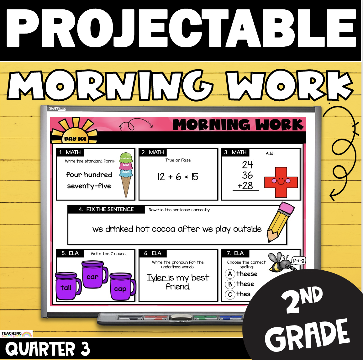 Projectable 2nd Grade Digital Morning Work - 45 Days Slides for Quarter 3 Spiral Review