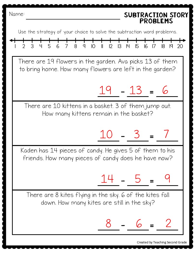 Subtraction Facts to 20 Word Problems Worksheets - Teaching Ideas Made Easy