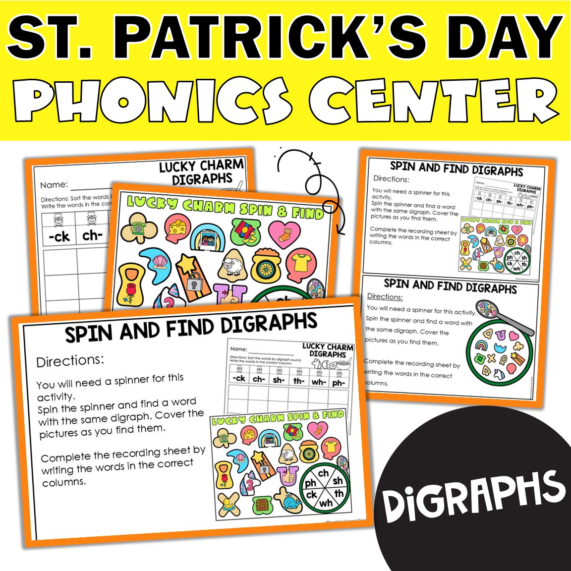 St. Patrick’s Day Spin & Find Digraphs – Engaging Phonics Center for ...