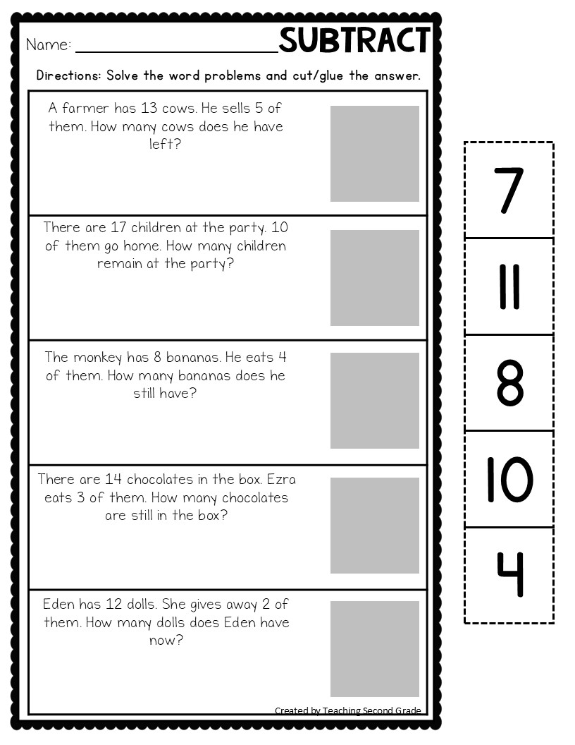 Subtraction Facts to 20 Word Problems Worksheets - Image 4