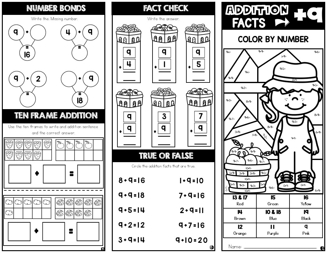 Addition Facts +9 Foldable Booklet | Math Practice with Color by Code | Trifold | Brochure