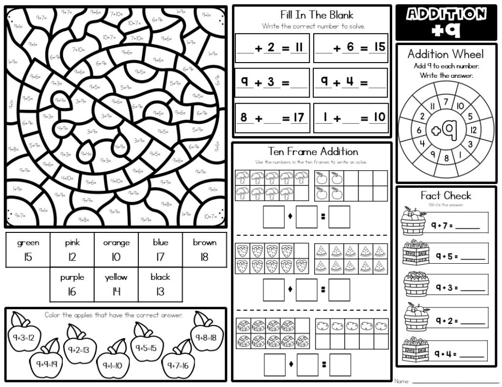 Addition Facts +9 Math Mat Worksheet - Teaching Ideas Made Easy