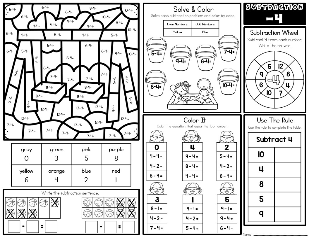 Subtraction Facts -4 Math Mat Worksheet