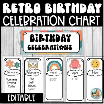 Retro GROOVY Classroom Decor | EDITABLE Birthday Chart Display Cards