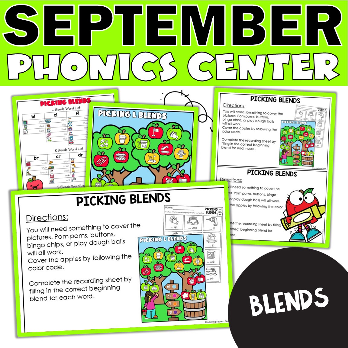 September Picking Blends Phonics Center activity for 1st and 2nd grade – students cover apple-themed pictures to practice beginning blends and complete a recording sheet.