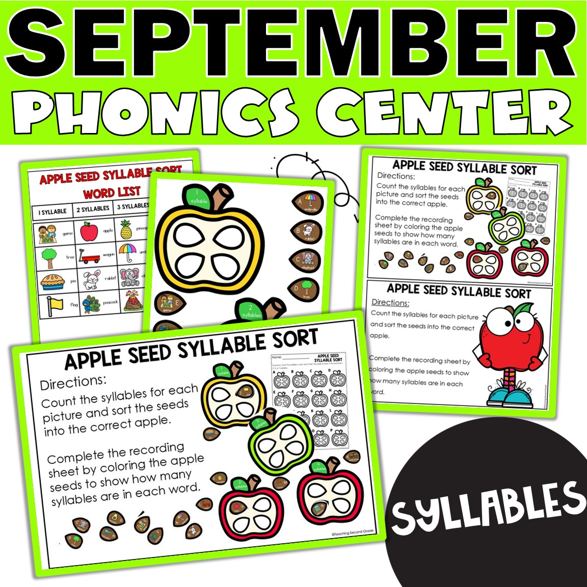 September syllable sort phonics center activity with apple seed sorting mats for 1st and 2nd grade