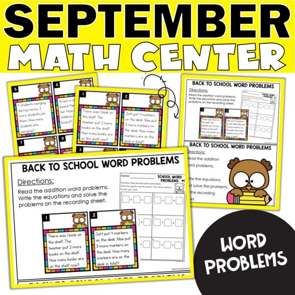 September Addition Word Problems Math Center | Fall Math Task Cards 1st ...