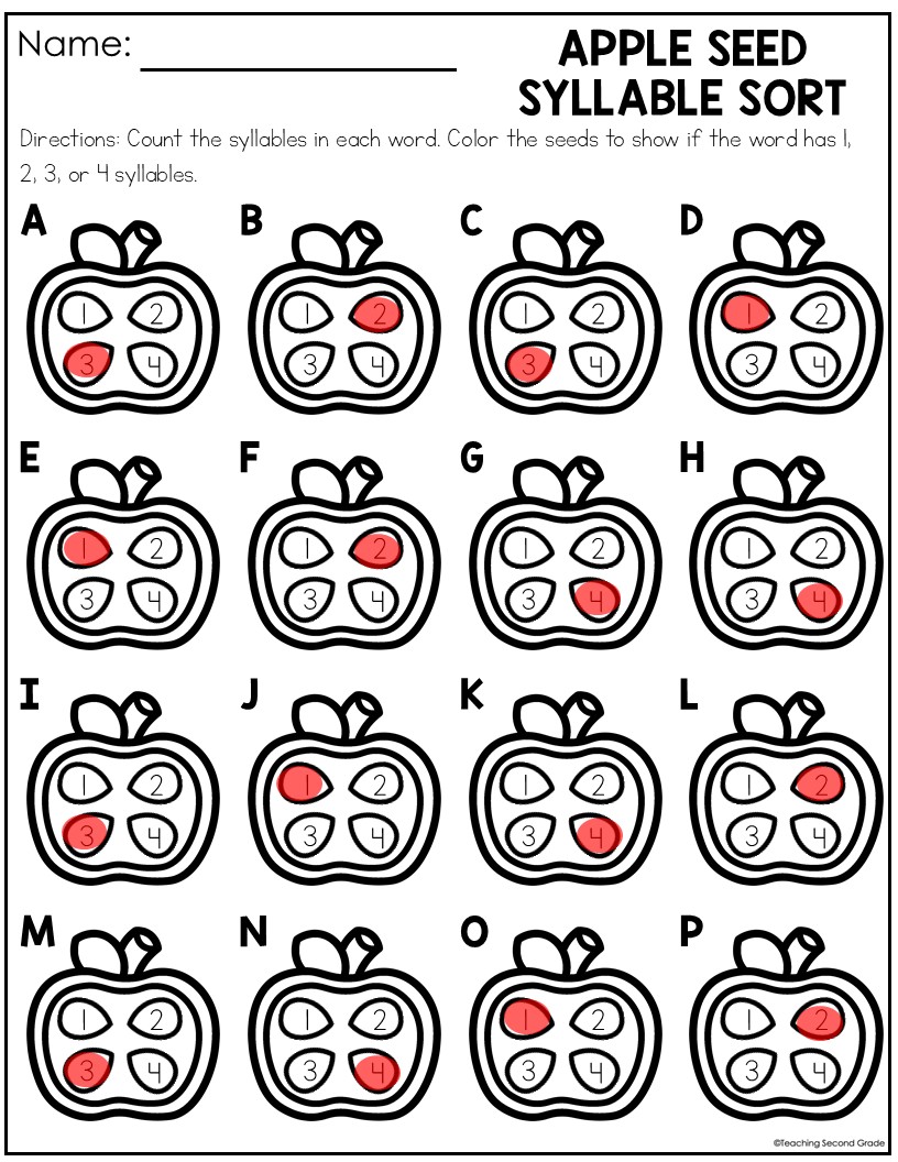 September Syllable Sort Phonics Center Apple Seed Sorting Activity - Image 2
