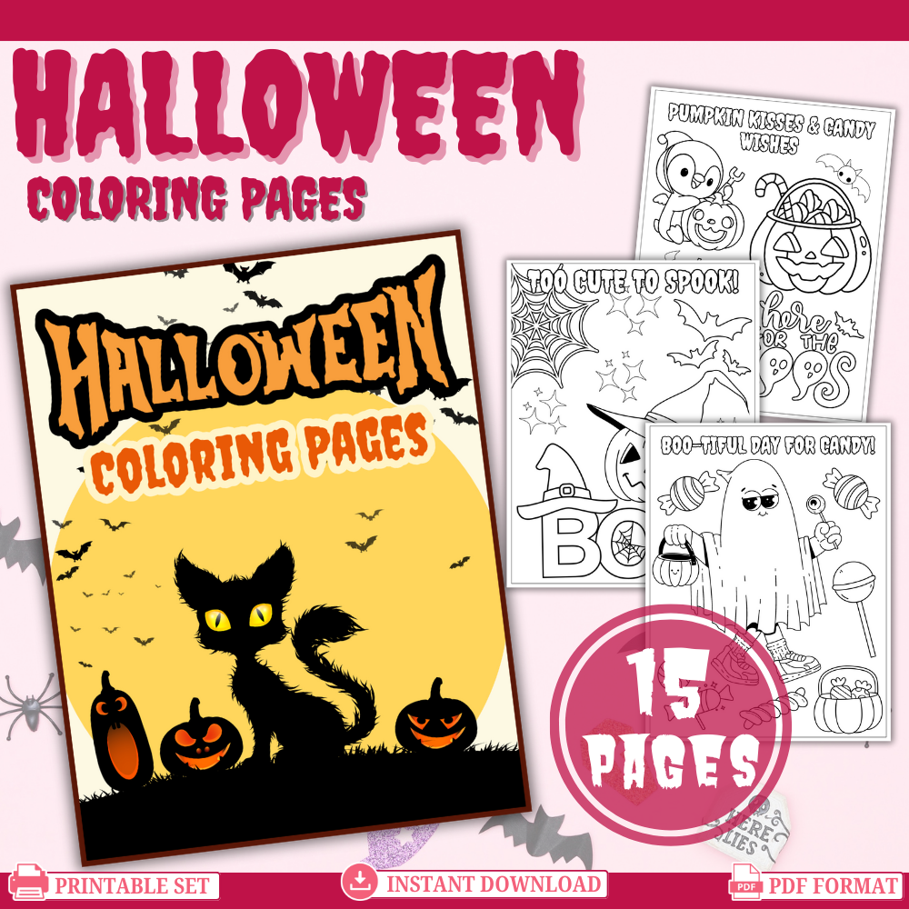 Printable Halloween coloring pages for kids — 15 fun designs for K–3 students.