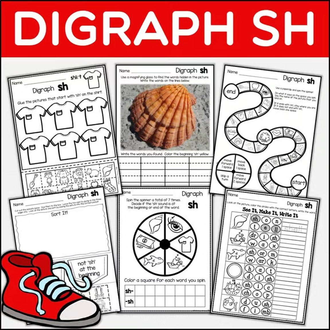 Consonant Digraph SH Worksheets for K–2 students with phonics sorting, reading, and word work activities.