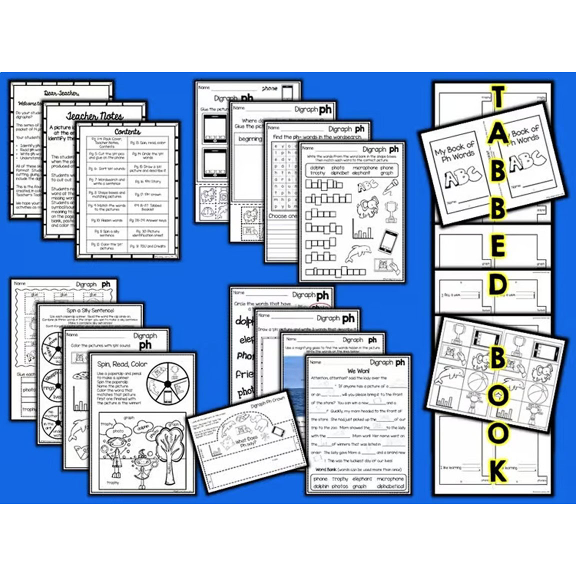 Consonant Digraph PH worksheets and word work activities for phonics centers