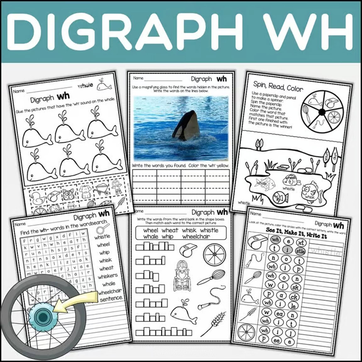 Consonant Digraph WH worksheets and activities for phonics centers in K–2 classrooms.