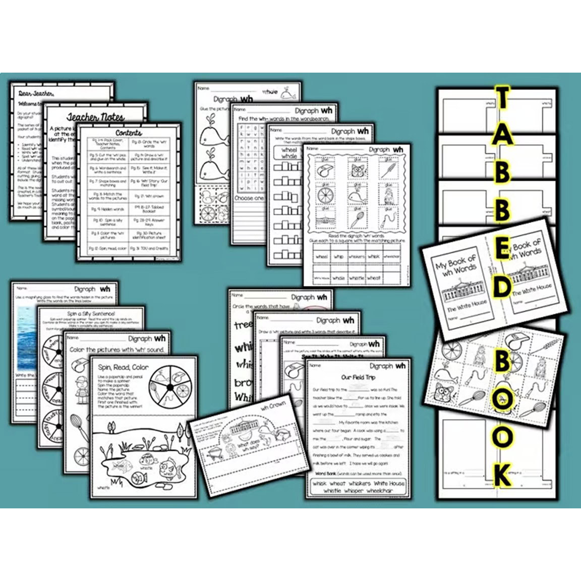 Consonant Digraph WH worksheets and activities for phonics centers in K–2 classrooms.