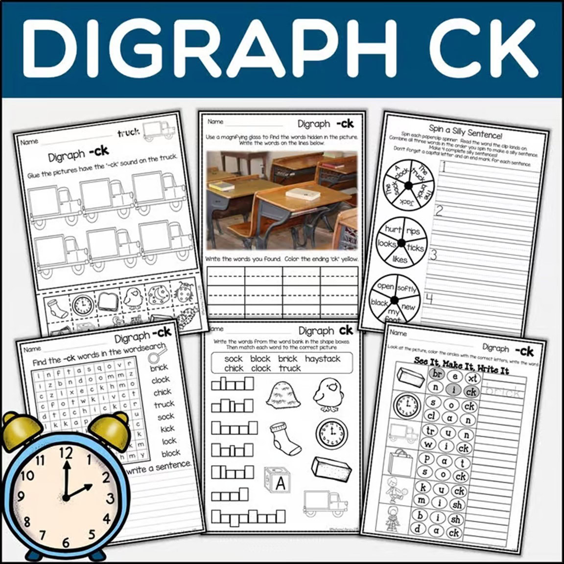 Consonant Digraph CK worksheets and word work activities for phonics practice