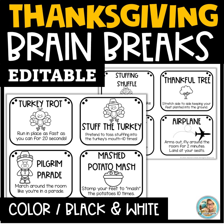 THANKSGIVING Brain Breaks Cards for the Classroom | EDITABLE Google Slides - Image 2