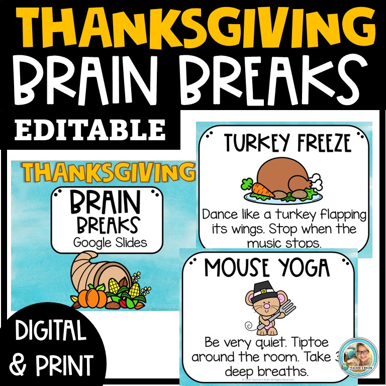 THANKSGIVING Brain Breaks Cards for the Classroom | EDITABLE Google Slides - Image 4