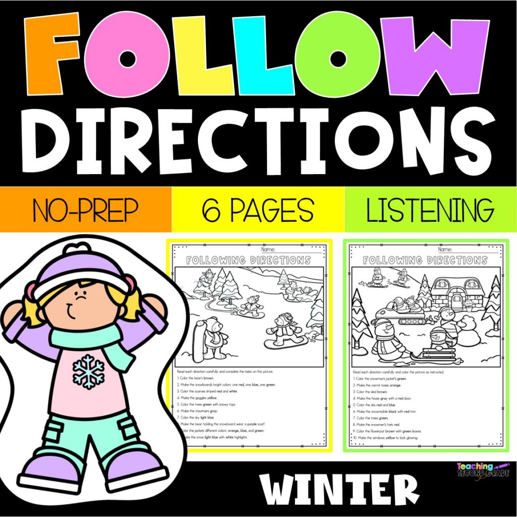 Winter Following Directions Worksheets – 1st and 2nd Grade