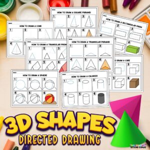 3D shapes directed drawing worksheets step by step geometry activity for 1st 2nd and 3rd grade students