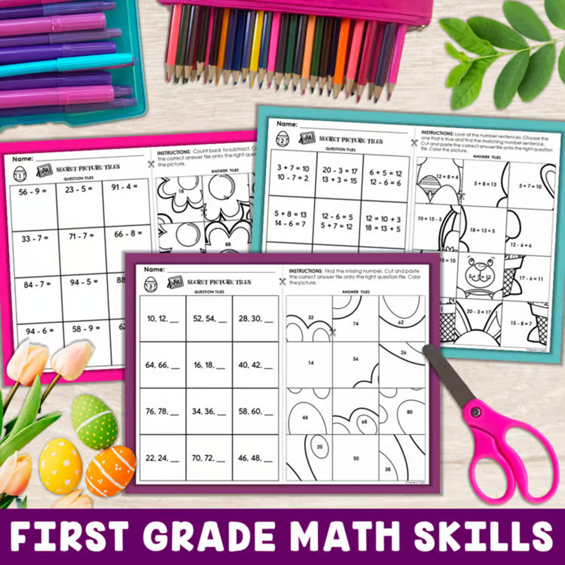 Spring math mystery pictures 1st grade printable secret tiles