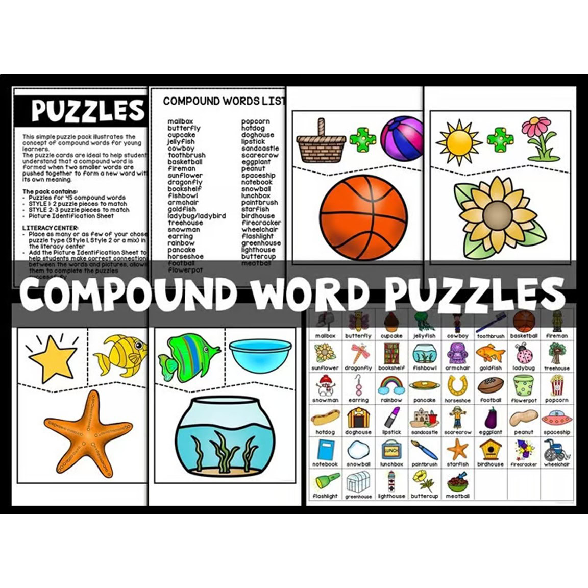 compound words puzzles literacy center activity