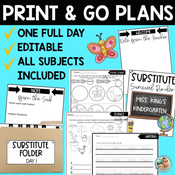 SPRING Emergency Sub Plans Kindergarten FULL DAY No Prep Print & Go ...