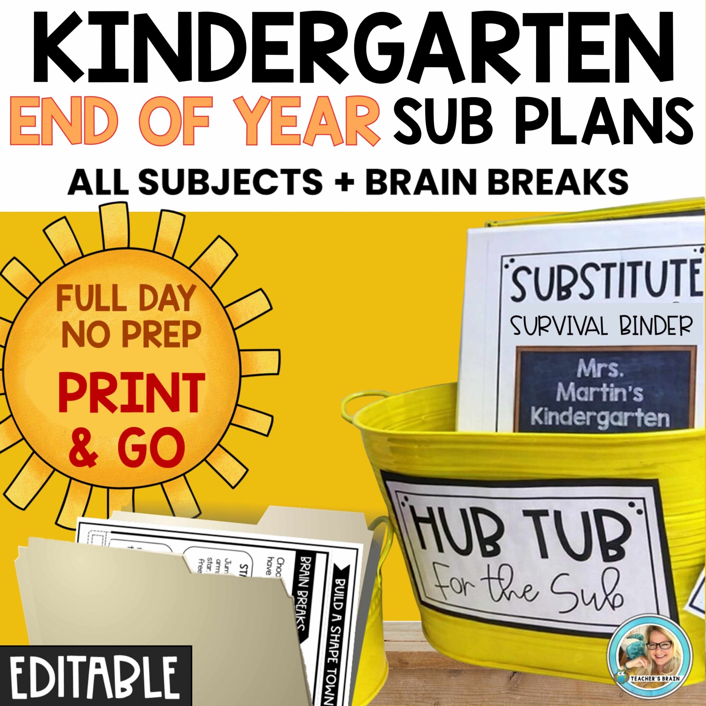 End of the Year Emergency Sub Plans Kindergarten FULL DAY Print & Go EDITABLE