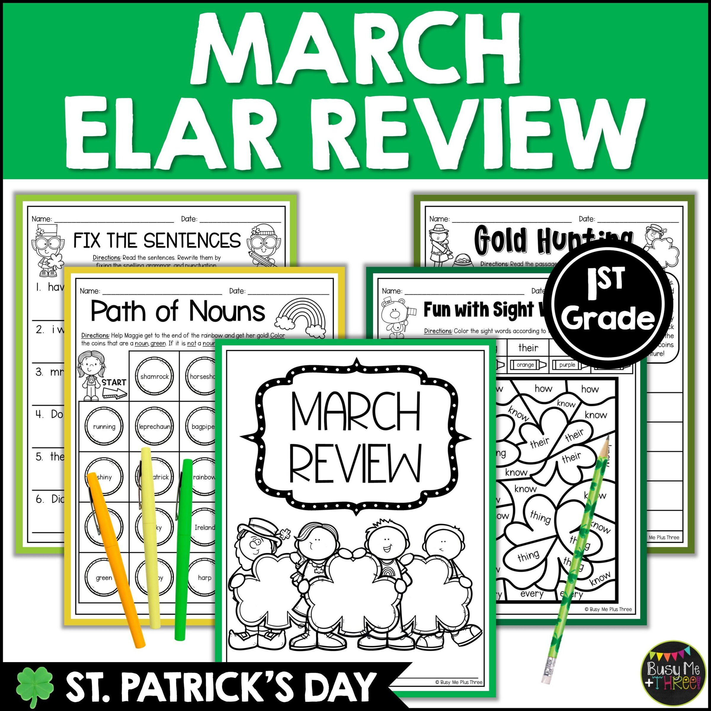 1st Grade St. Patrick's Day ELA Review No Prep Worksheets