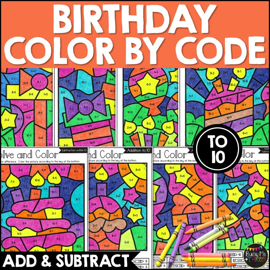 Birthday Color by Code Add Subtract K–1 Math - Teaching Ideas Made Easy
