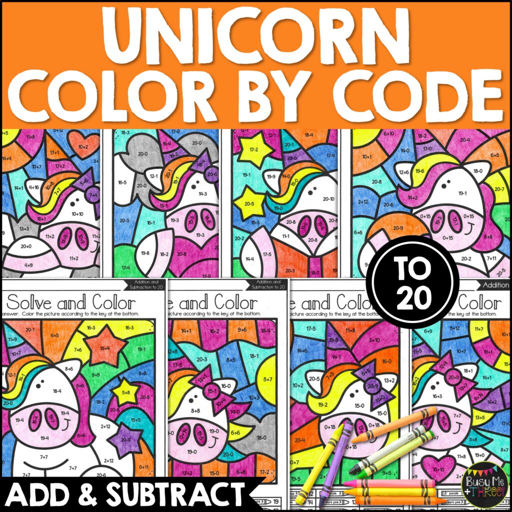 Unicorn Color by Code Addition Subtraction to 20 - Teaching Ideas Made Easy
