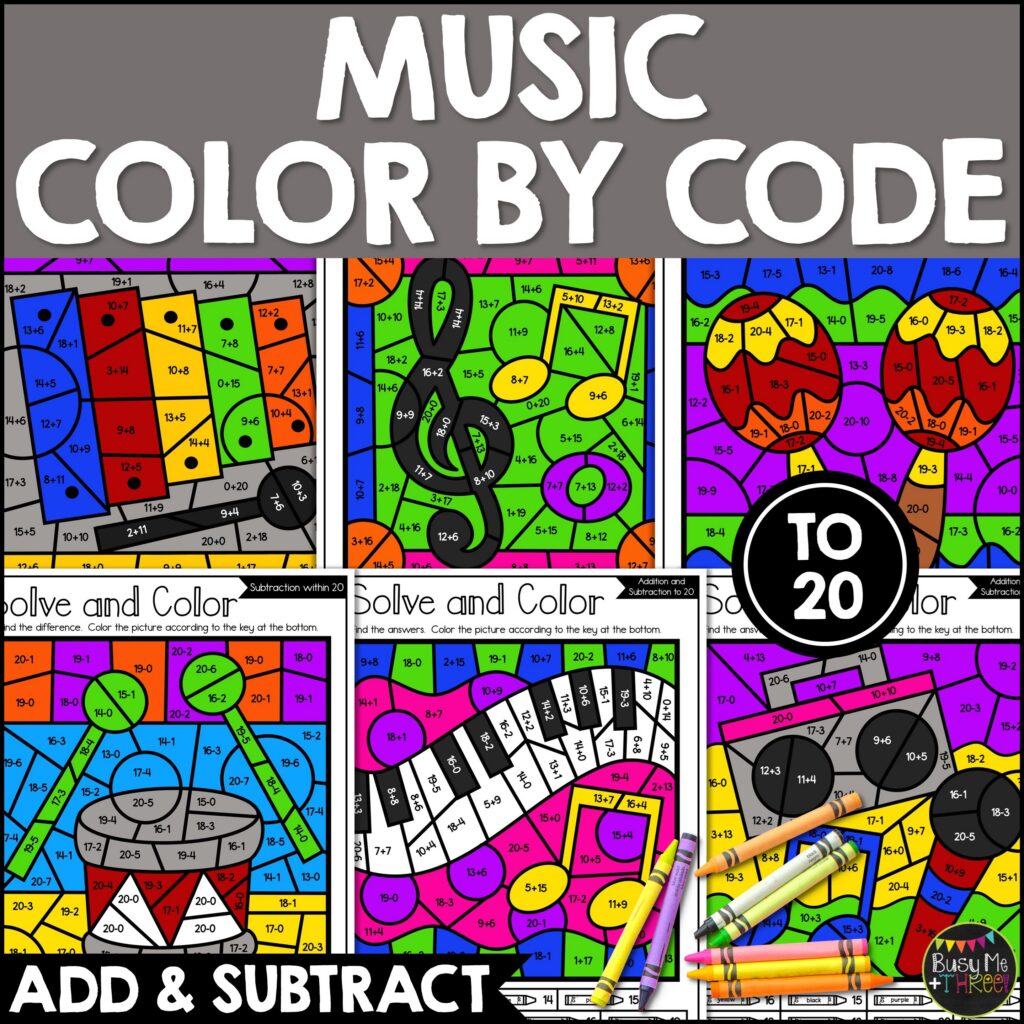 Music Color by Code Addition Subtraction to 20 - Teaching Ideas Made Easy