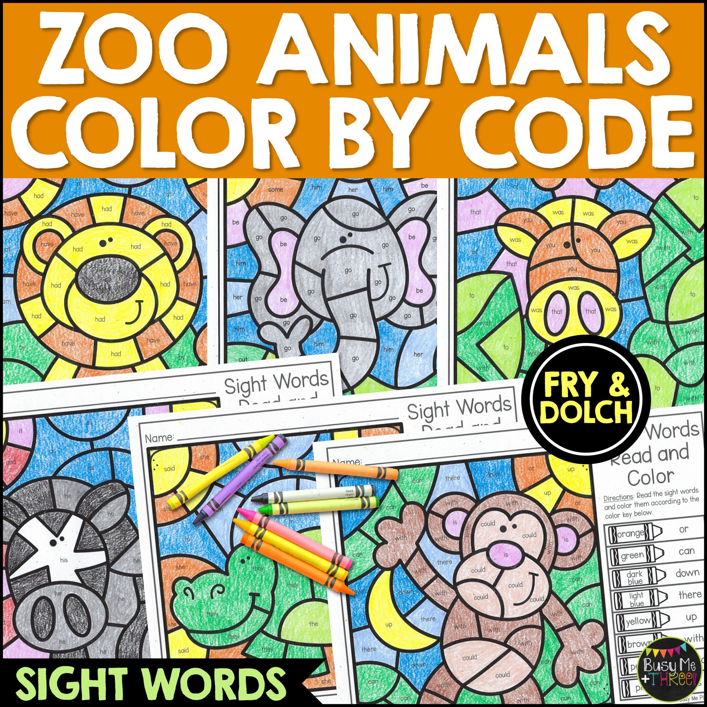 Zoo Animals Color by Code Sight Words Worksheets