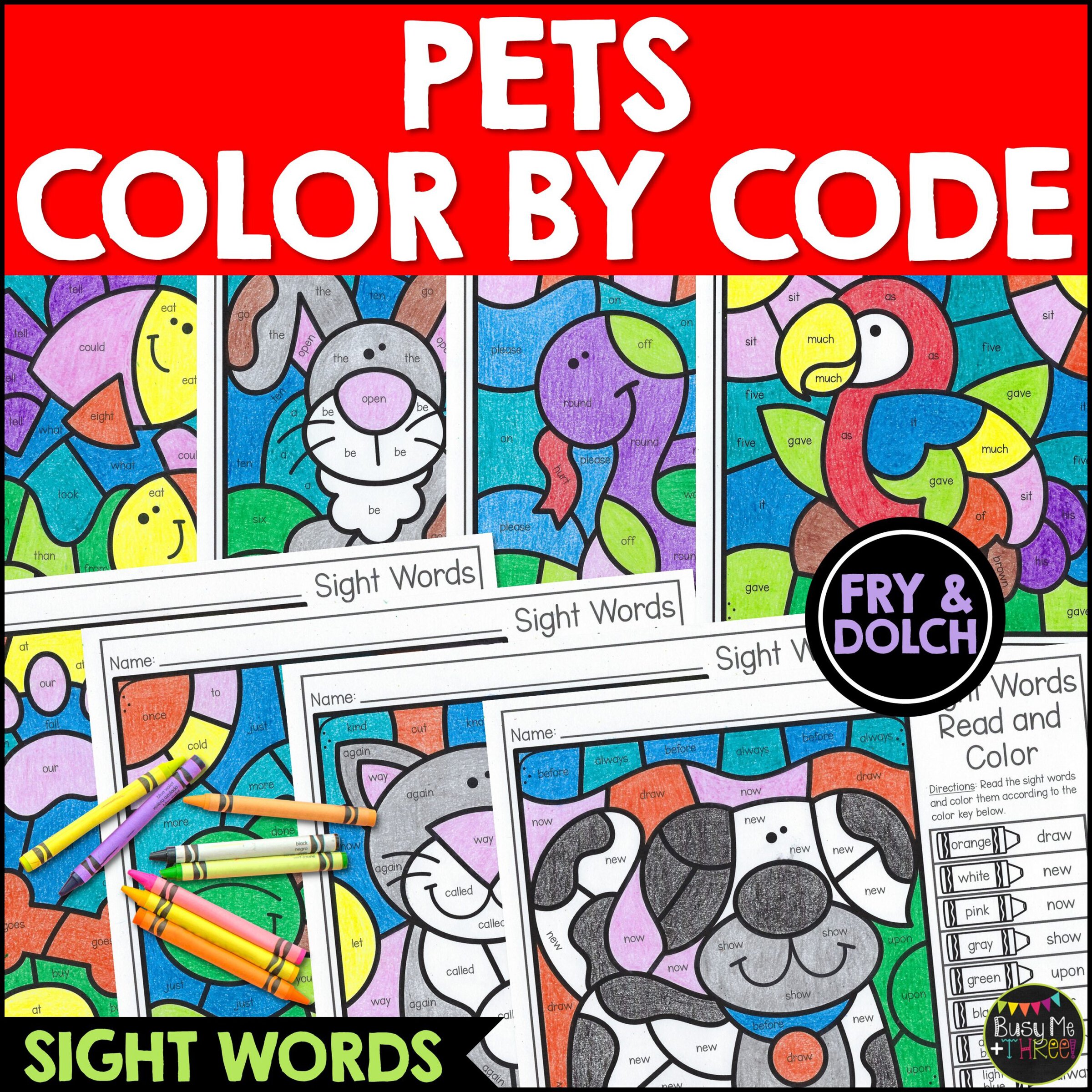 Pets Color by Code Sight Words K-2 No Prep