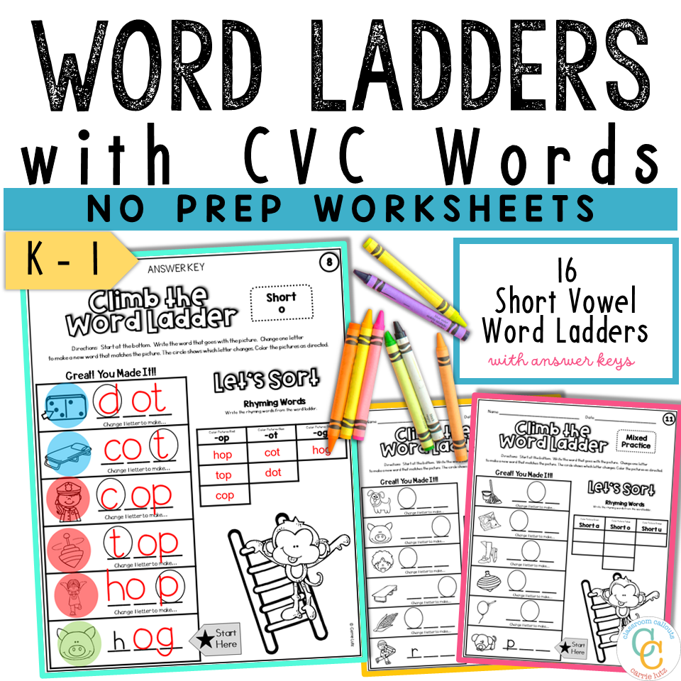 CVC Word Ladders Worksheets 1st Grade Phonics No Prep