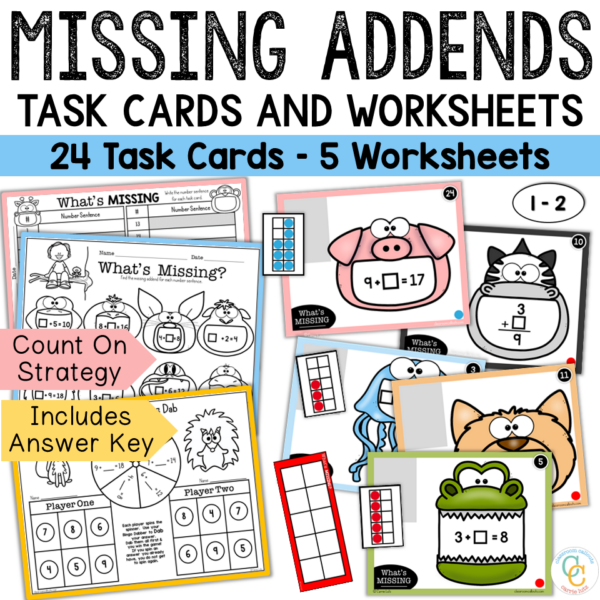 Missing Addends Task Cards & Worksheets - Count On Strategy - Teaching ...