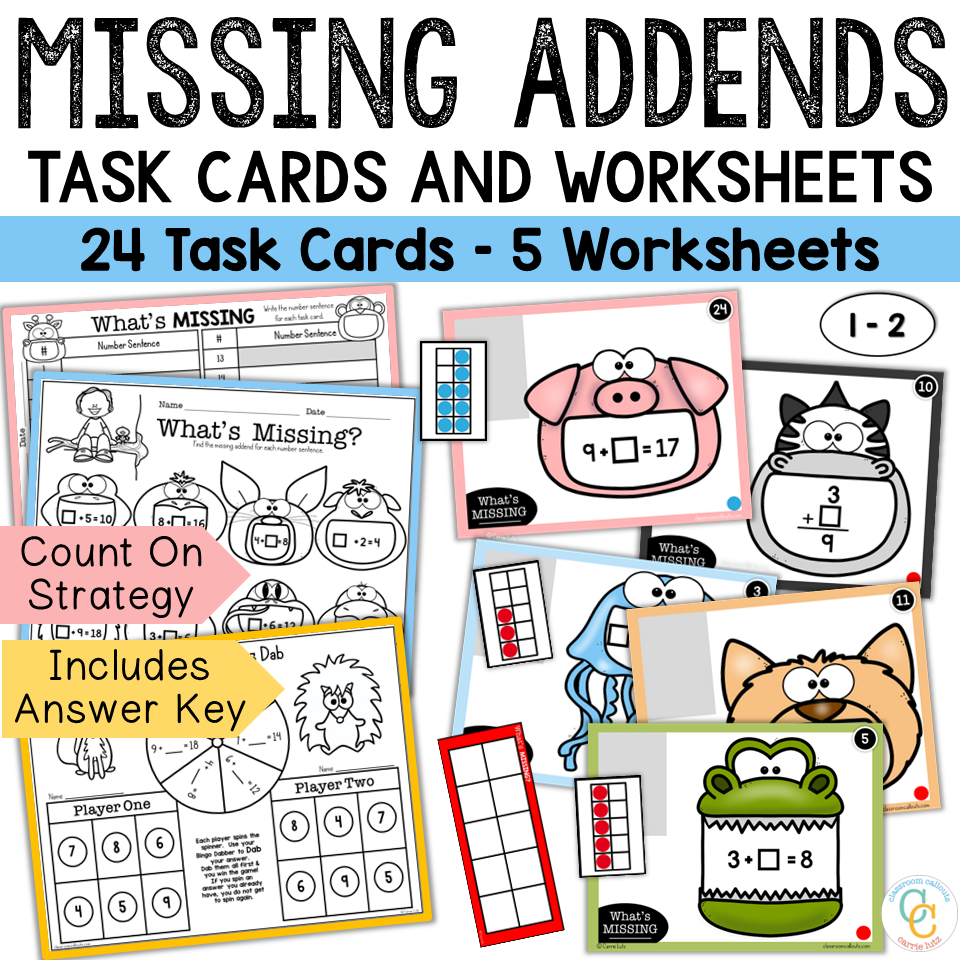 Missing Addends Task Cards & Worksheets - Count On Strategy - Teaching ...