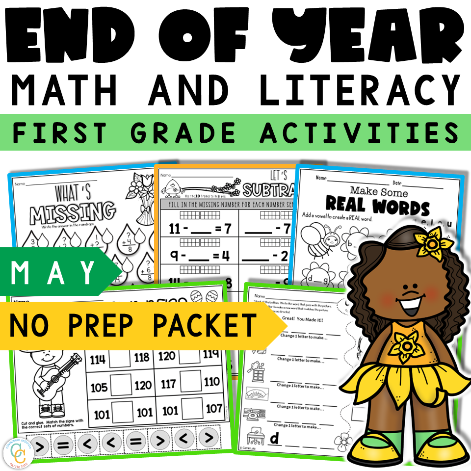 1st Grade May Math and Literacy Worksheets | No Prep End of Year Review