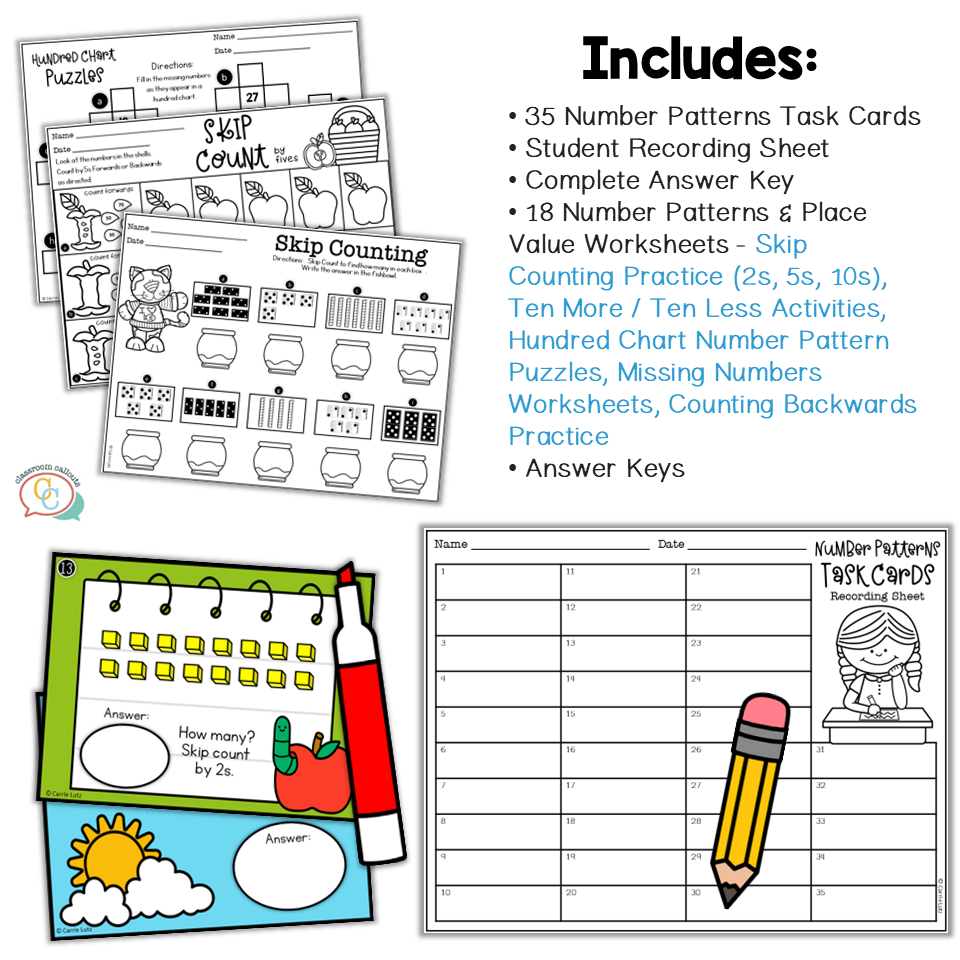 1st Grade Number Patterns Task Cards and Worksheets - Teaching Ideas ...