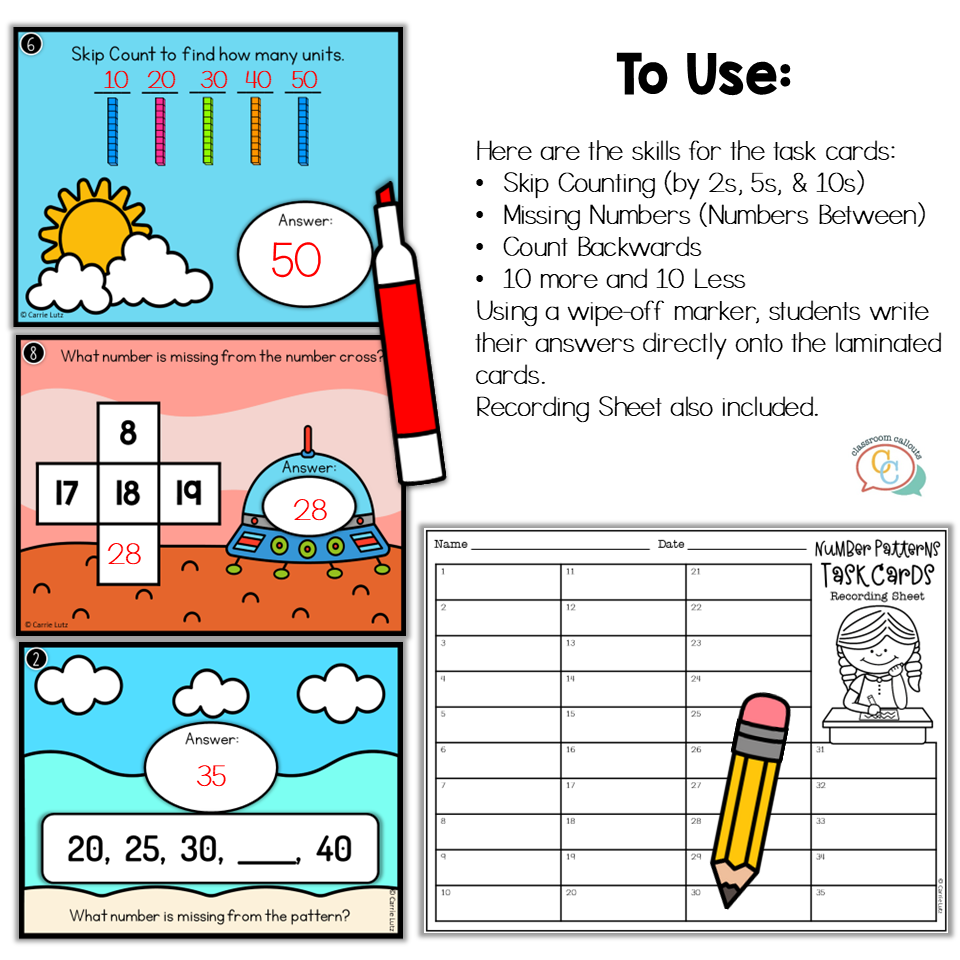 1st Grade Number Patterns Task Cards and Worksheets - Teaching Ideas ...