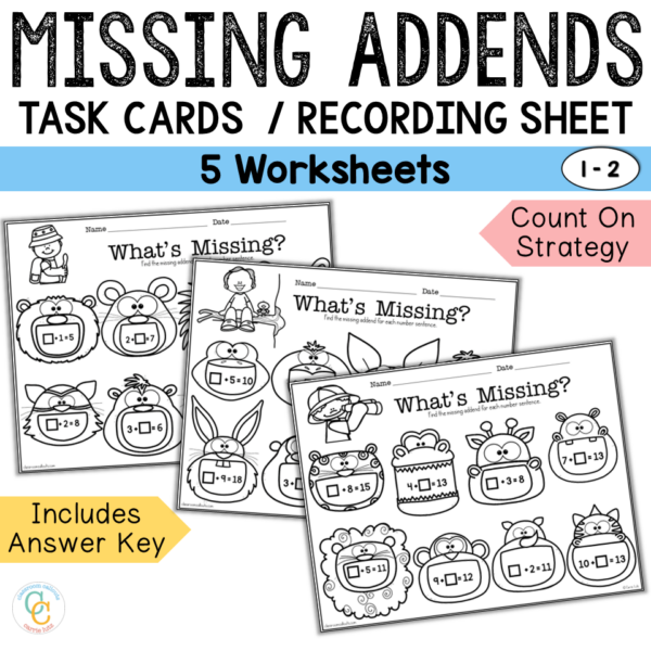 Missing Addends Task Cards & Worksheets - Count On Strategy - Teaching ...