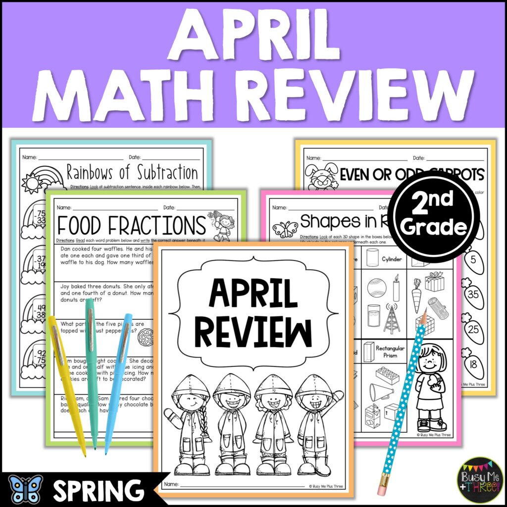 2nd Grade Spring Math No Prep Worksheets Shapes Fractions - Teaching ...