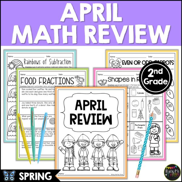 2nd Grade Spring Math No Prep Worksheets Shapes Fractions - Teaching ...