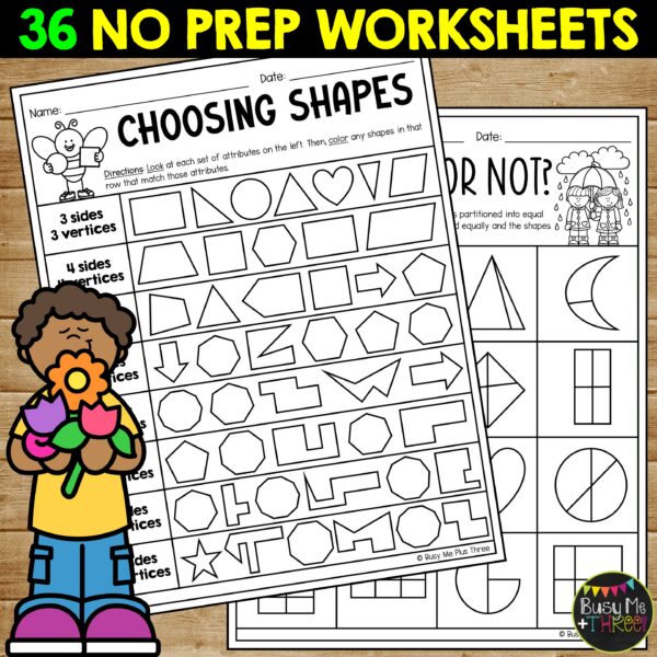 2nd Grade Spring Math No Prep Worksheets Shapes Fractions - Teaching ...