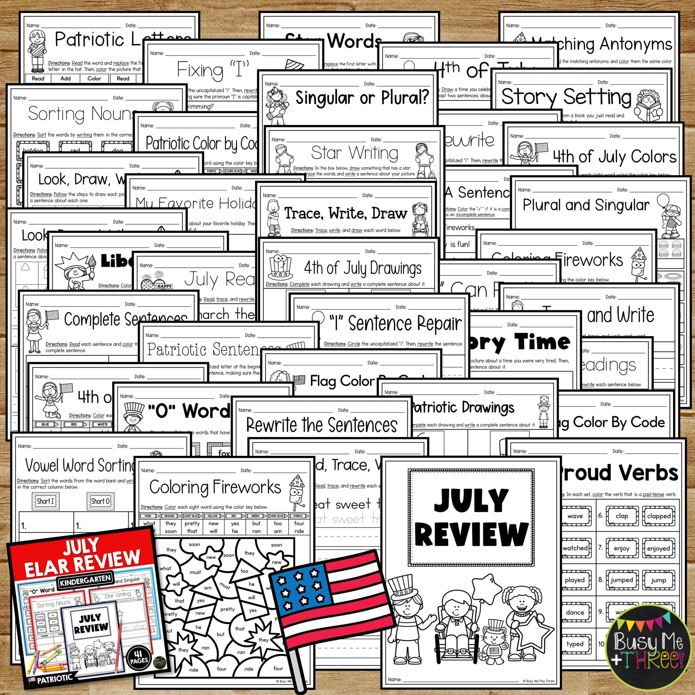 Kindergarten 4th of July ELA Review No Prep Worksheets - Teaching Ideas ...