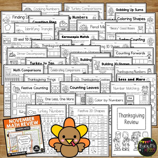 Kindergarten Thanksgiving Math Worksheets No Prep November Review ...